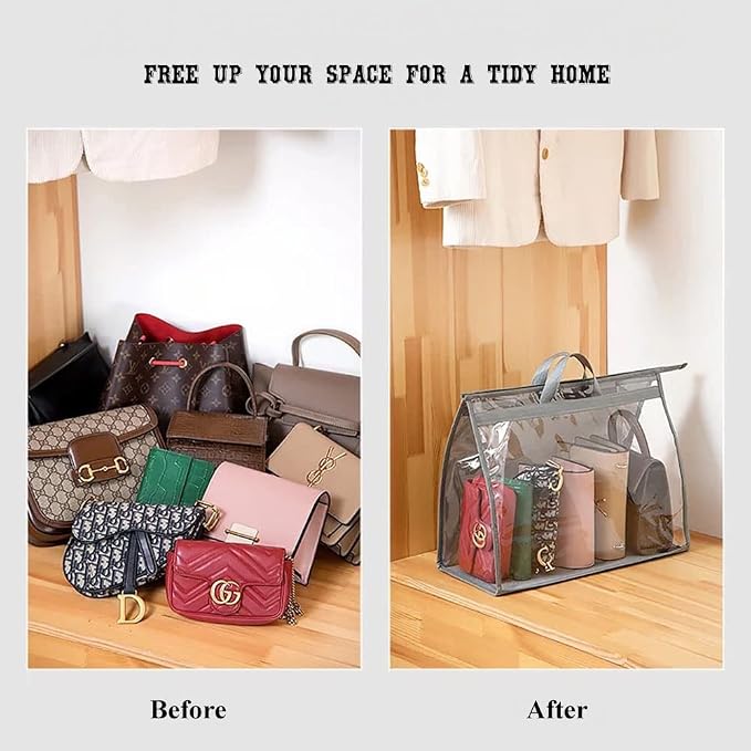 fazhongfa 2PCS Dust Bags for Handbags Clear Purse Storage Organizer Non-Woven Hanging Bag Closet with Zipper and Handle (Large, Light Grey)