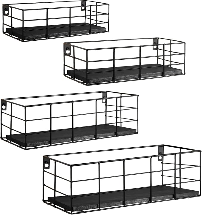 Fixwal 4 Set Floating Shelves - Hanging Wall Mounted Shelves for Living Room, Kitchen, Bedroom & Bathroom - Decorative Storage (Black)