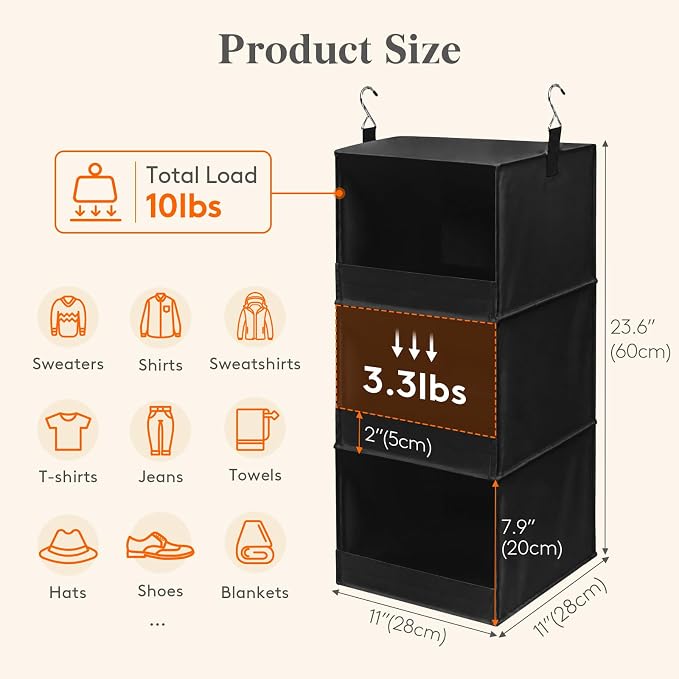 Lifewit 3 Tier Hanging Closet Organizer and Storage, Foldable Hanging Closet Shelves with 2 Sturdy Hooks, Clothes Organization for Sweater/Shoes/Coat, for Wardrobe, Bedroom, RV, Black, 1 Pack