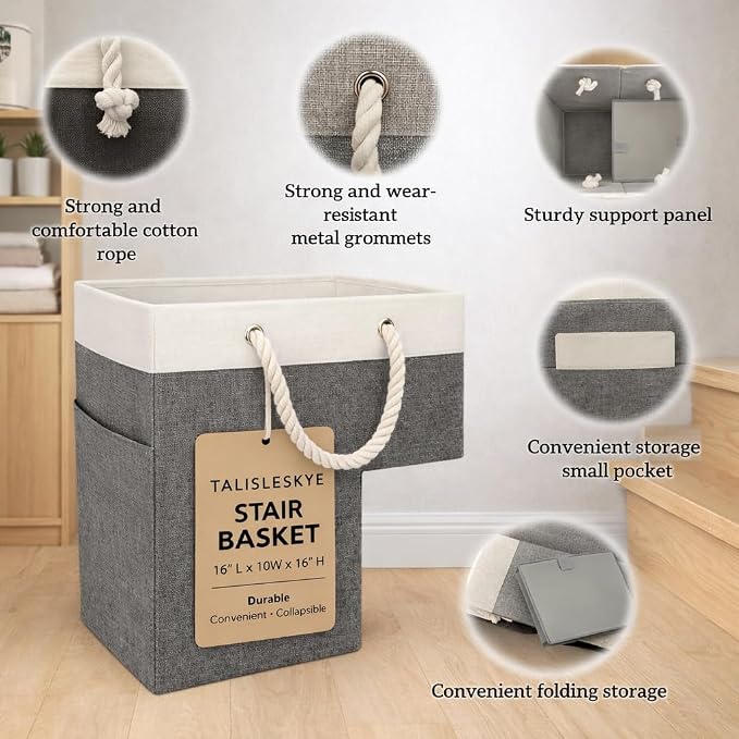 Stair basket,Foldable staircase baskets,Step stairs storage baskets with handle,2pcs dark gray