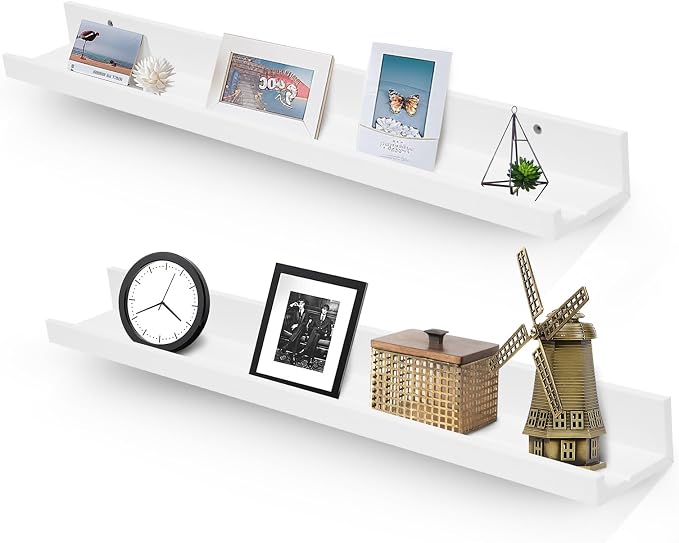 Muzilife 35.4" Large Floating Shelves Wood Wall Shelf with Lip, 2Pcs, White | FSC-Certified Wood | 20 lbs Capacity | Space-Saving | Hanging Shelf | Wall Decor| Bedroom,Living Room,Bathroom,Kitchen,Office