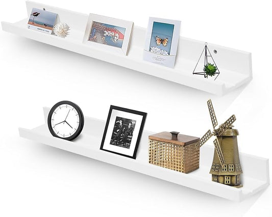 Muzilife 35.4" Large Floating Shelves Wood Wall Shelf with Lip, 2Pcs, White | FSC-Certified Wood | 20 lbs Capacity | Space-Saving | Hanging Shelf | Wall Decor| Bedroom,Living Room,Bathroom,Kitchen,Office
