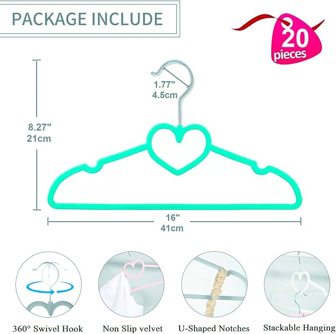 Velvet Hangers 20 Pack,16 Inch Non Slip Heart Hanger (Mix Color) | 360° Swivel Hooks, Cascade Design, Space Saving