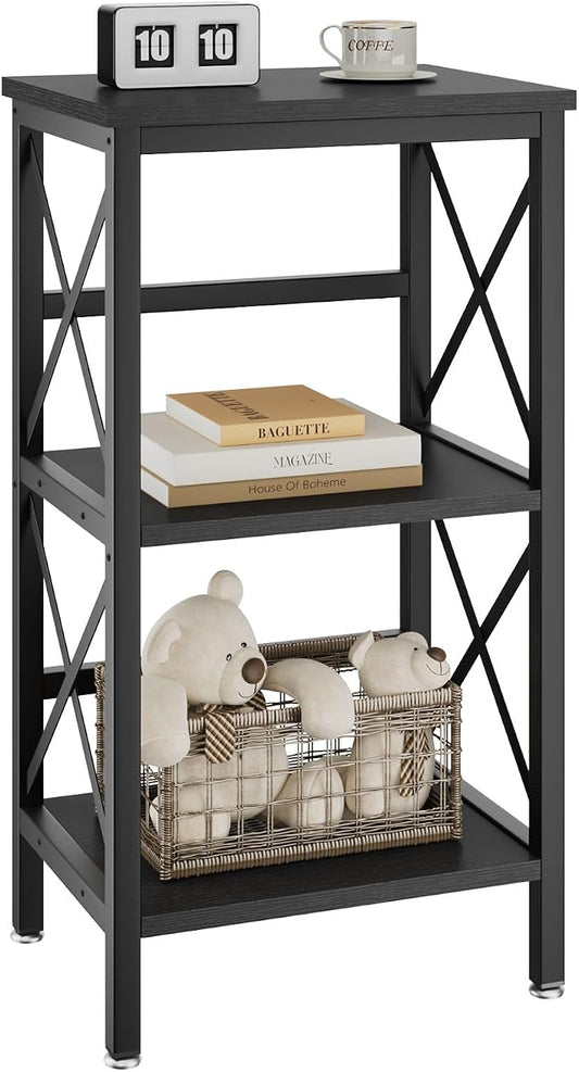 YMYNY 3 Tiers Bookcase, Industrial Metal Bookshelf with Side Fence, Storage Organizer for Living Room, Home Office, Bedroom, Display Racks, Sofa Side Table, 29.5 * 15.75 * 11.4", Black UHST008B