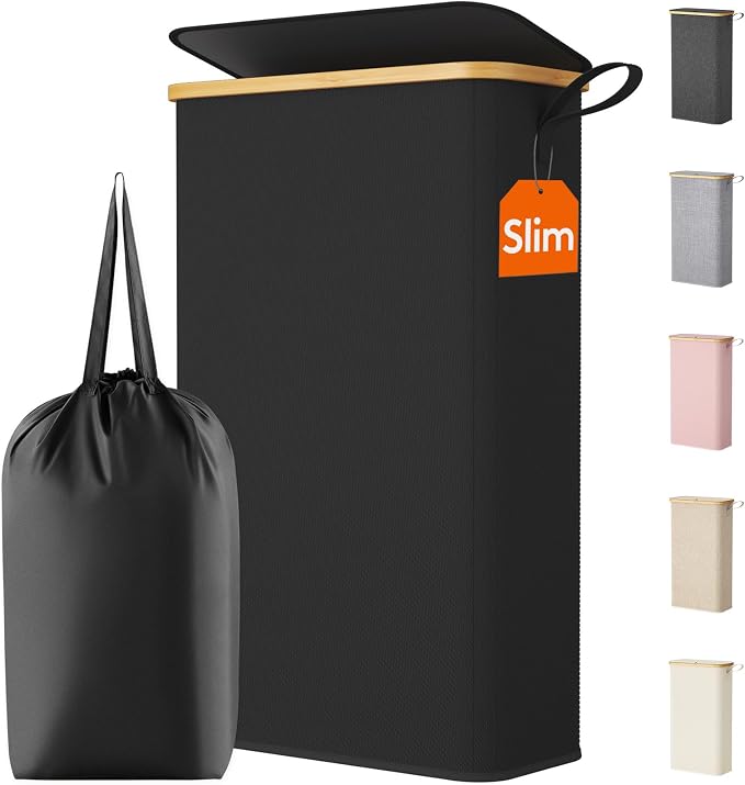 Lifewit 65L Slim Laundry Hamper with Lid, Narrow Laundry Basket with Removable Bag & Bamboo Handles, Fodable Thin Dirty Clothes Hamper for Laundry Collapsible Bin for Bathroom Bedroom Dorm, Black
