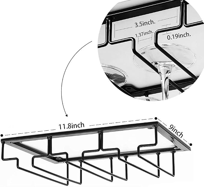 FOMANSH Wine Glass Rack - Under Cabinet Stemware Wine Glass Holder Glasses Storage Hanger Metal Organizer for Bar Kitchen Black