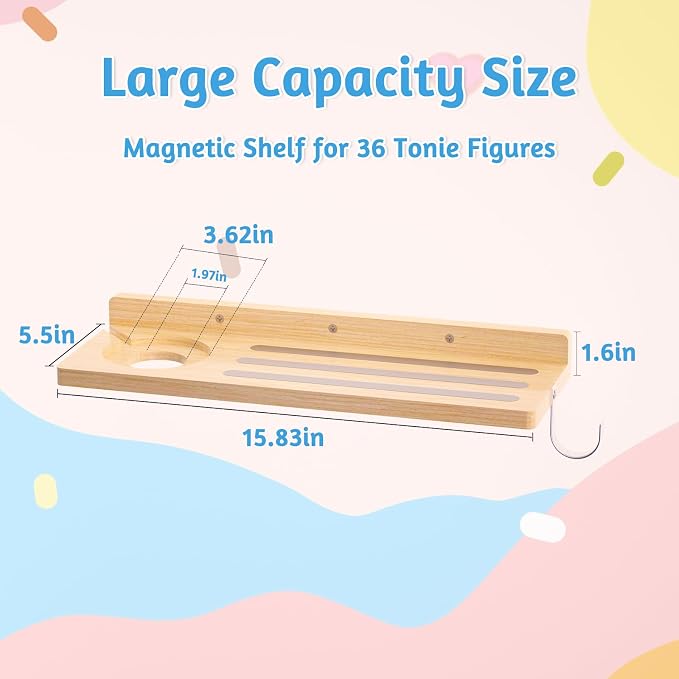 for Tonies Shelf Magnetic - 1 Tier Wooden Tonies Figure Organizer, Natural | Tonies Box Holder, Magnetic Display Shelf for Kids Room, Wall Floating Shelves Toy Storage Compatible Charging Station