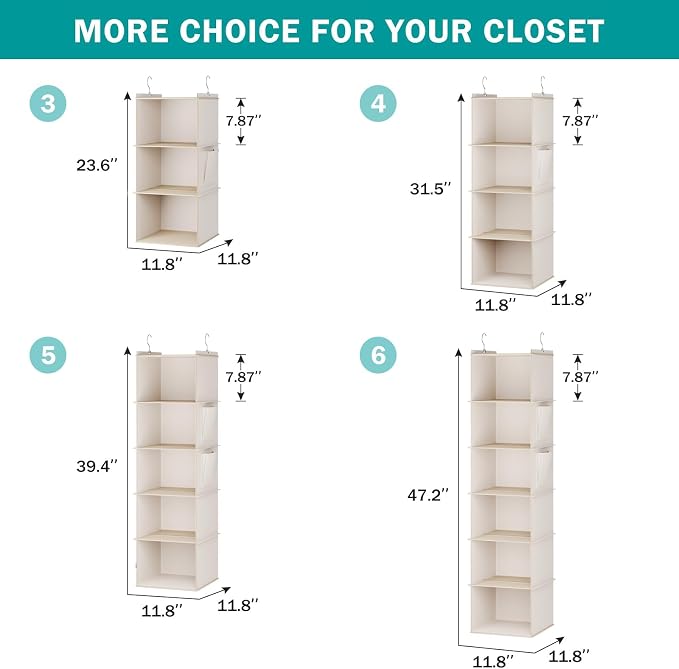 YOUDENOVA Hanging Closet Organizer, 5-Shelf Closet Hanging Storage Shelves, Beige
