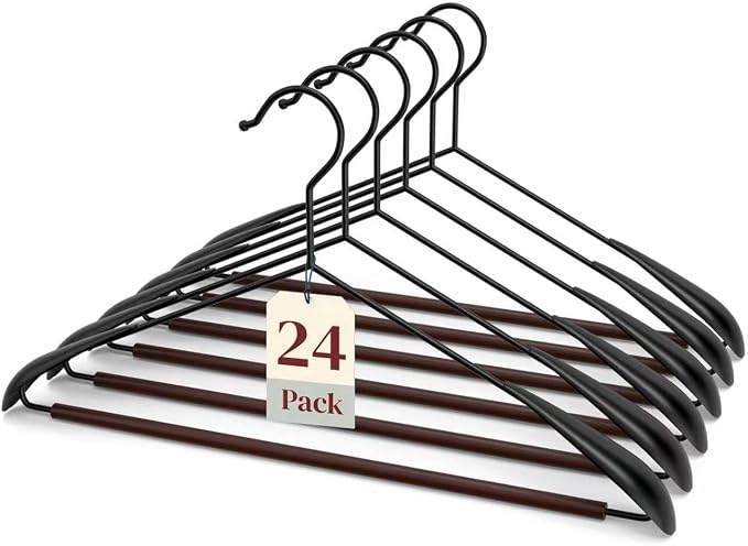 Metal Hangers 24 Pack Suit Hangers,Sweater Hangers No Shoulder Bump,Wide Shoulder Hangers with Wood Pant Bar,Suit Hangers for Men,for Sweaters, Suits, Dresses, Jackets, Pants