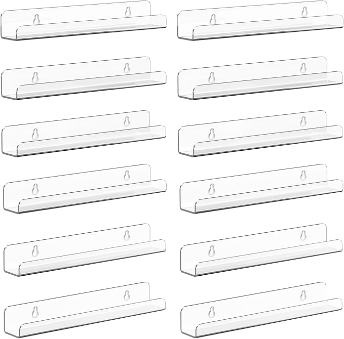 Meaocer Vinyl Record Shelf Wall Mount, 12 Pack 12 inch Clear Acrylic Album Record Holder Display, Kids Bookshelf, Floating Wall Shelves for Bathroom, Bedroom, Living Room, Kitchen