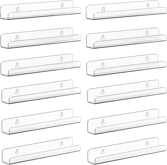 Meaocer Vinyl Record Shelf Wall Mount, 12 Pack 12 inch Clear Acrylic Album Record Holder Display, Kids Bookshelf, Floating Wall Shelves for Bathroom, Bedroom, Living Room, Kitchen