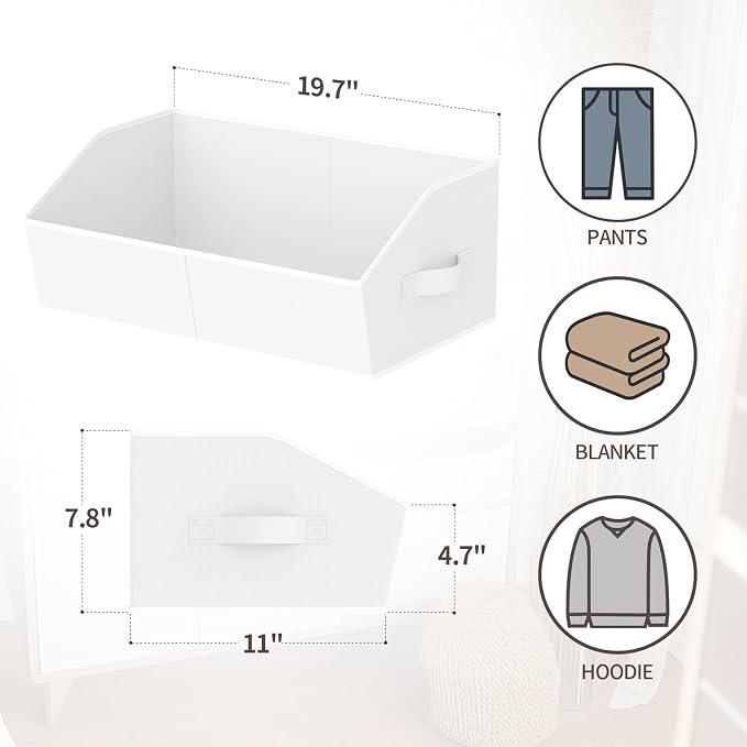 Homsorout Storage Bins for Shelves - Large Trapezoid Closet Shelf Organizer, Fabric Organization Bins with Handles, Storage Baskets for Clothes, Towel, Purse, 6 Pack, White