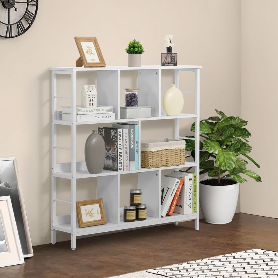 CAPHAUS 8 Cube Storage Organizer, 40” Wide 3 Tier White Industrial Open Shelf Bookcase, Display Shelf, Horizontal Booksh