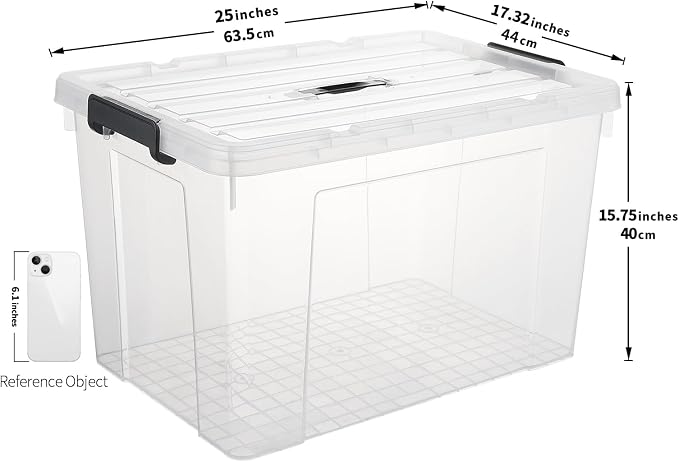 Cetomo Lidded Storage Bin with Handle, Tote Organizing Container with Wheels, Lid and Secure Latching Buckles, Stackable and Nestable, Plastic, 95 Quart-4 Pack, Clear