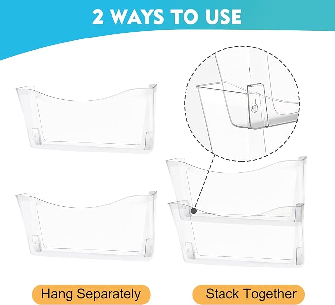 EASEPRES 4 Pack Clear Single Pocket Hanging File Organizer, Plastic Wall Mount Paper Mails Magazines Holder, Mounted Folder Bins for Office, School and Home, 13.85x3.14x6.88 inches