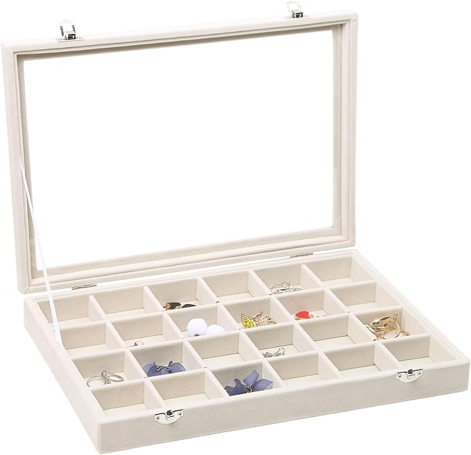 Stratalife Jewelry Organizer Jewelry Tray with See-through Lid 24 Grids Earring Display Showcase Large Velvet Storage Box for Earring Necklace Rings Dice Beige
