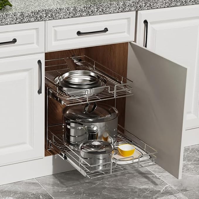 ROOMTEC Pull Out Cabinet Organizer (28½"W x 21½"D),2 Tier Pull Out Storage Shelf Drawer Basket,Sliding Shelves for Base Cabinet Organization in Kitchen, Bathroom, Pantry