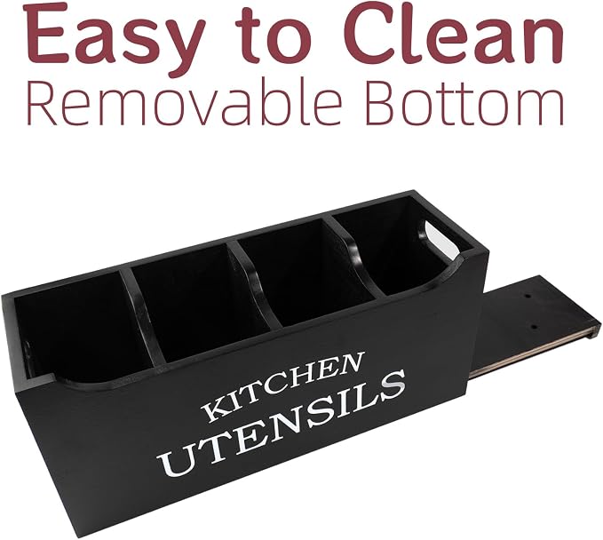 Utensil Holder for Kitchen Counter, Wood Extra Large 4 Compartments Kitchen Utensil Holder with Drainage Bottom for Countertop, Farmhouse Cooking Tools Organizer for Spatula, Black