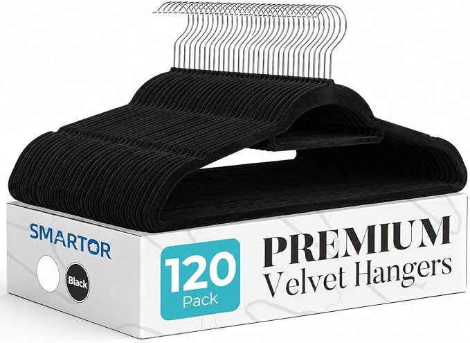 Smartor Black Velvet Hangers 120 Pack, Non-Slip Clothes Hanger with Tie Bar | Premium Slim Space Saving Felt Hanger for Closet Organizers and Storage, Heavy Duty Hanger with Shoulder Notches for Coats