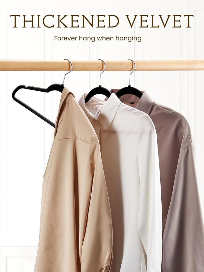 Black Velvet Hangers 40 Pack, Non Slip Felt Slim Hangers for Space Saving | 360° Silver Hooks; Shoulder Notches; Heavy Duty for Coats, Suits, Dresses, Shirts, Jackets and Pants for Closet Organizer