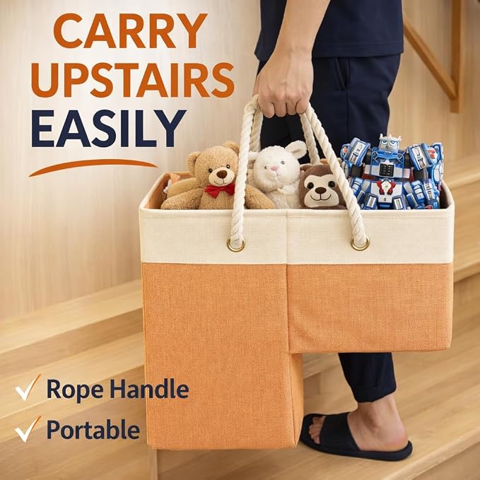 Stair basket,Foldable staircase baskets,Step stairs storage baskets with handle,2pcs apricot