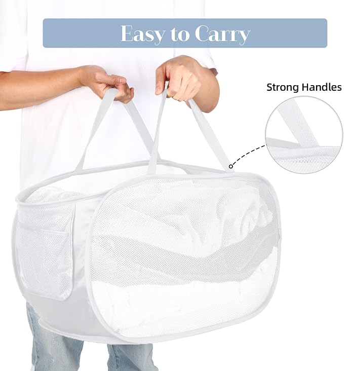 4 Pack Foldable Laundry Basket Hamper, Collapsible Laundry Baskets with Pocket, Mesh Pop Up Laundry Hamper, Clothes Hamper with Reinforced Handles for Laundry, Bathroom, Kids Room, Dorm or Travel