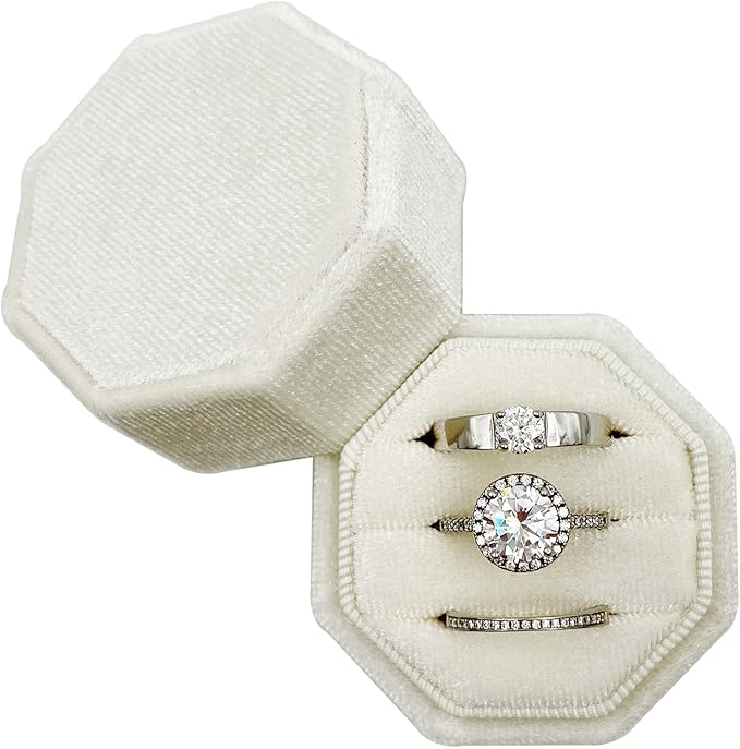Velvet Ring Box 3 Slots - Octagonal Premium Rings Holder Handmade Ring Bearer Jewelry Storage Organizer for Wedding Ceremony, Christmas, Photography Prop (Ivory)