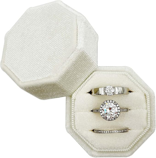 Velvet Ring Box 3 Slots - Octagonal Premium Rings Holder Handmade Ring Bearer Jewelry Storage Organizer for Wedding Ceremony, Christmas, Photography Prop (Ivory)
