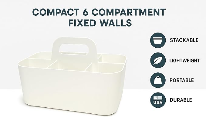 Small Stackable Plastic Caddy with Handle 6 Compartment | Desk, Makeup, Dorm Caddy, Classroom Art Organizers - 4 Pack, Made In USA (Ivory)