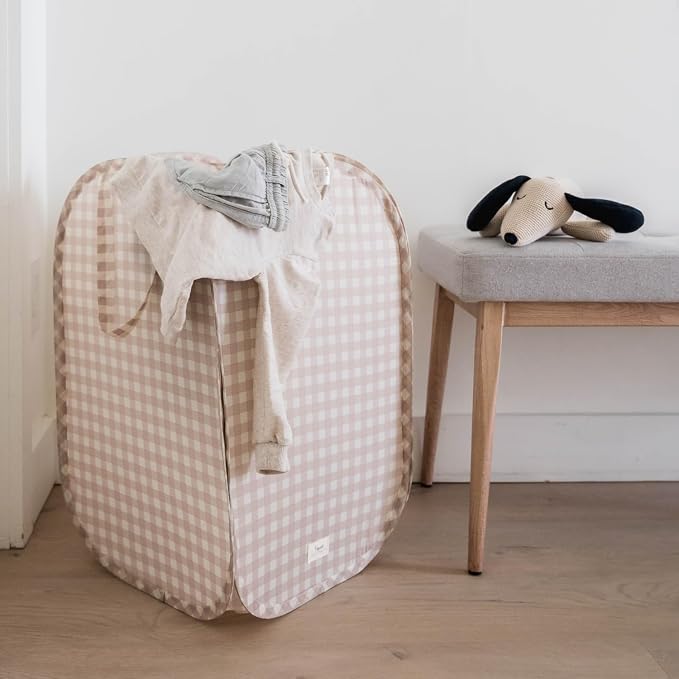 3 Sprouts Pop Up Hamper - Collapsible Laundry Basket, Popup & Foldable Design - Durable Waterproof Fabric for Dirty Clothes, Toys & Towels - Ideal for Dorm, Bedroom & Baby Nursery, Gingham Beige