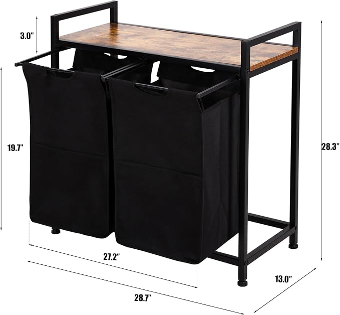 COSYSUPER Laundry Sorter 2 Section with Shelf, Two Section Laundry Hamper Organizer, Laundry Basket with Removable Bag for Clothes Storage, Brown and Black