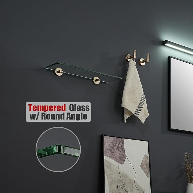 JQK Bathroom Glass Shelf, Tempered Glass Shower Storage 16 by 5 inches, 304 Stainless Steel Champagne Bronze Wall Mount 2 Pack, TGS101L16-CB-P2