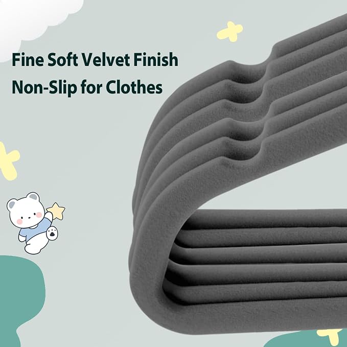 Baby Velvet Hangers Non-Slip Space Saving Swivel Hook 32 Pack Gray
