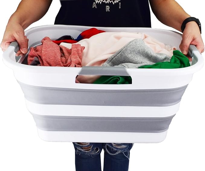 SAMMART 30L(8 gallon) Collapsible Plastic Laundry Basket - Foldable Pop Up Storage Container/Organizer - Space Saving Hamper/Basket - Water Capacity 24L(6.3 gallon) (1, White/Grey/White)