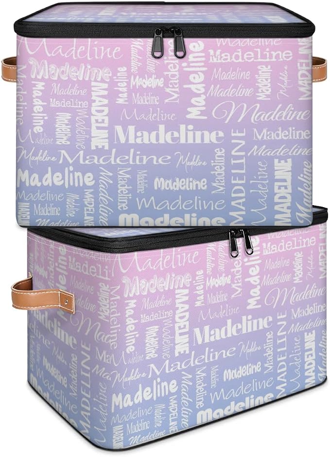 Custom Storage Basket with Name, Personalized Keepsake Box with Zipper Lid, Foldable Fabric Memory Bin Large capacity with Handle Pink Purple
