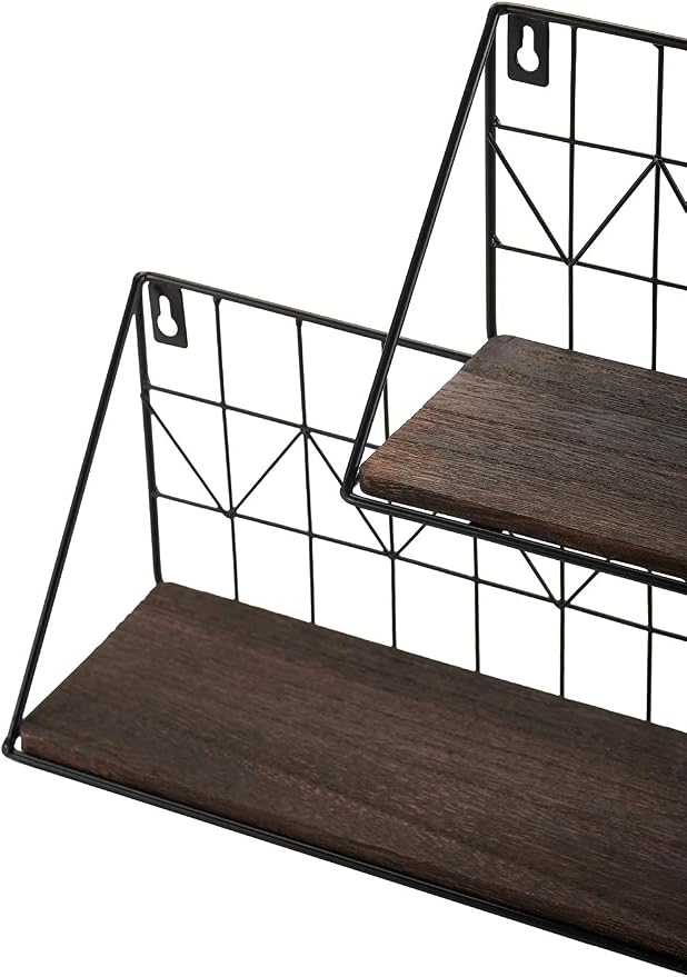 Mkono Floating Shelves Wall Mounted Set of 2 Rustic Wood Storage Display Shelf with Metal Wire Basket 11.4 Inches, Hanging Shelf for Bedroom Bathroom Living Room Kitchen Office, Brown,Small