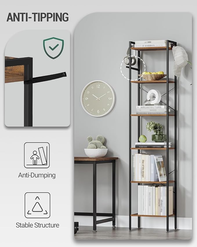 Hzuaneri Bookshelf, Book Shelf, Industrial Bookcase with 2 Hooks, Coner Shelf Storage Organizer for Home Office, Living Room, Bedroom, Kitchen, 6-Tier Rustic Brown BC10701B