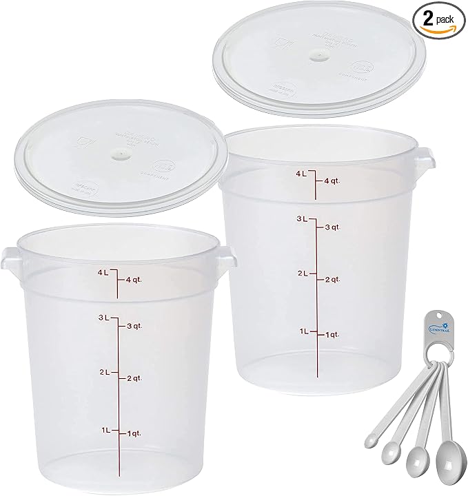 Lumintrail Cambro 4 Quart Round Food Storage Container, Translucent, with a Translucent Lid, 2-Pack, Bundle with a Measuring Spoon Set