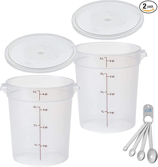 Lumintrail Cambro 4 Quart Round Food Storage Container, Translucent, with a Translucent Lid, 2-Pack, Bundle with a Measuring Spoon Set