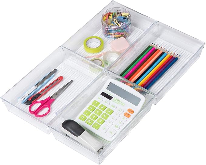 Clear Plastic Drawer Organizer Tray for Vanity Cabinet (9"×6"×2" Set of 4) For Office Bathroom Makeup Drawers
