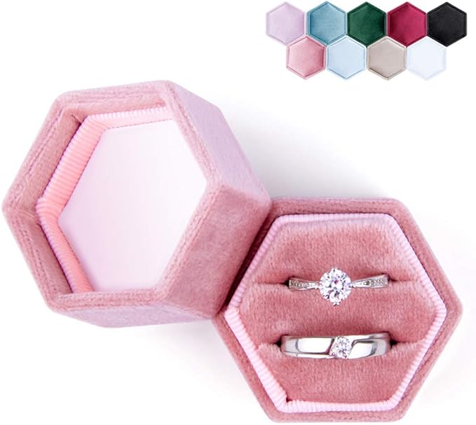 DesignSter Velvet Ring Box Hexagon - Premium Gorgeous Vintage Double Ring Display Holder with Detachable Lid for Proposal, Engagement, Wedding, Ceremony (Pink)