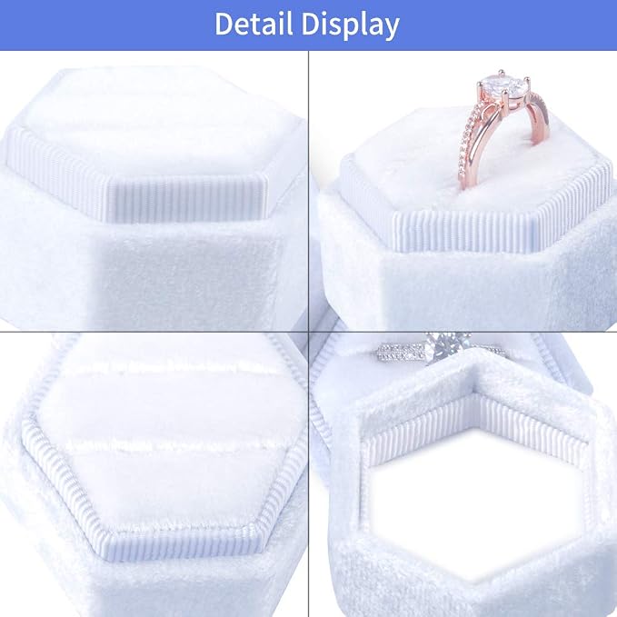 DesignSter Velvet Ring Box Hexagon - Premium Gorgeous Vintage Double Ring Display Holder with Detachable Lid for Proposal, Engagement, Wedding, Ceremony (White)