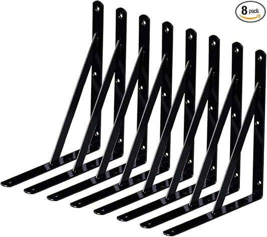 Shelf Brackets 8 Pack 11 inch Heavy Duty Metal L Brackets for Shelf 11"x8" Black Iron Wall Mount Screw Included