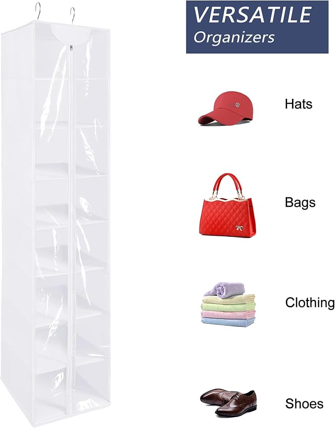 8 Tier Clear PVC Closet Hanging Organizer with Zipper, Foldable Hanging Closet Organizers and Storage, Hanging Clothes Storage Organizer, hanging shoe organizer, White Closet Shelves