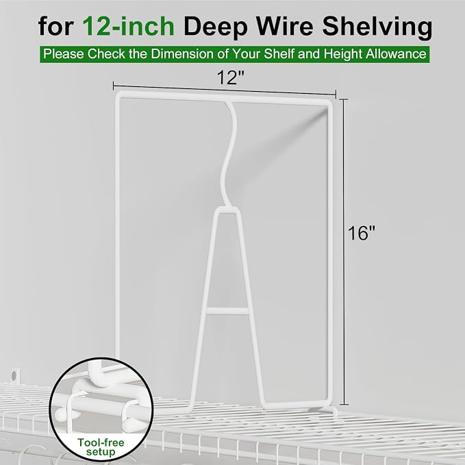 SortNStore Wire Shelf Dividers for Closet: 16-inch Tall 12-inch Deep 6 Pack Wire Rack Accessories - Adjustable Purse Organizer for Sweaters Clothes Towels- Metal Linen Closet Pantry Separators