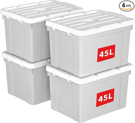 Cetomo Lidded Storage Bin with Handle, Tote Organizing Container with Durable Lid and Secure Latching Buckles, Stackable and Nestable, Plastic, 50 Quart-4 Pack, Gray