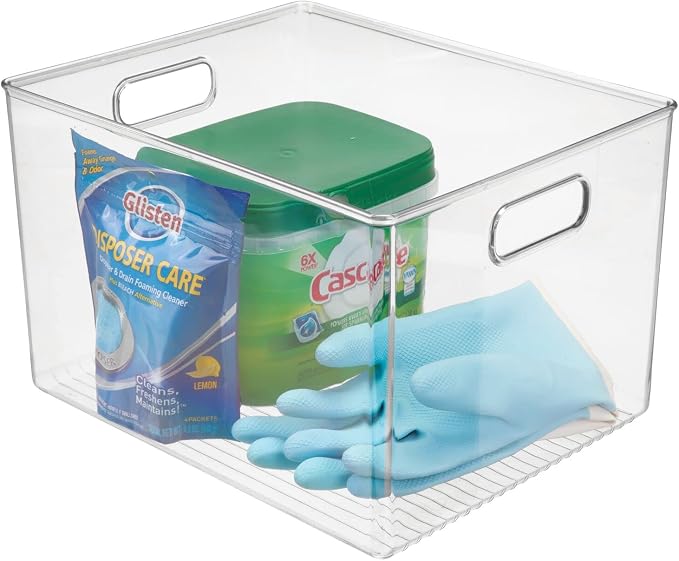 mDesign Plastic Modern Kitchen, Pantry Food Storage Container Bin w/ Handles - Cabinet, Fridge/Freezer, Countertop Organizer - Snacks/Drink/Appliances; Ligne Collection, Clear, 12x10x7.75 (Pack of 2)