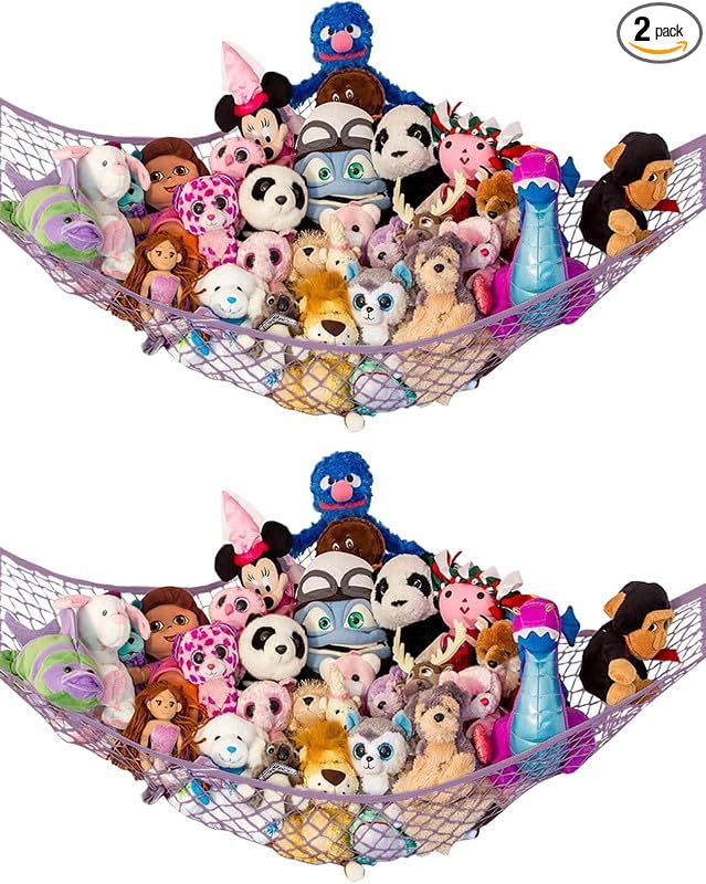 Lilly's Love Large Stuffed Animal Hammock | Corner Hanging Organizer, Toy Storage, Stuffed Animal Storage Net | Made from Quality Fishing Net, Holds 12lbs | 79"x63"x63" (Pastel Purple, 2 Pack)