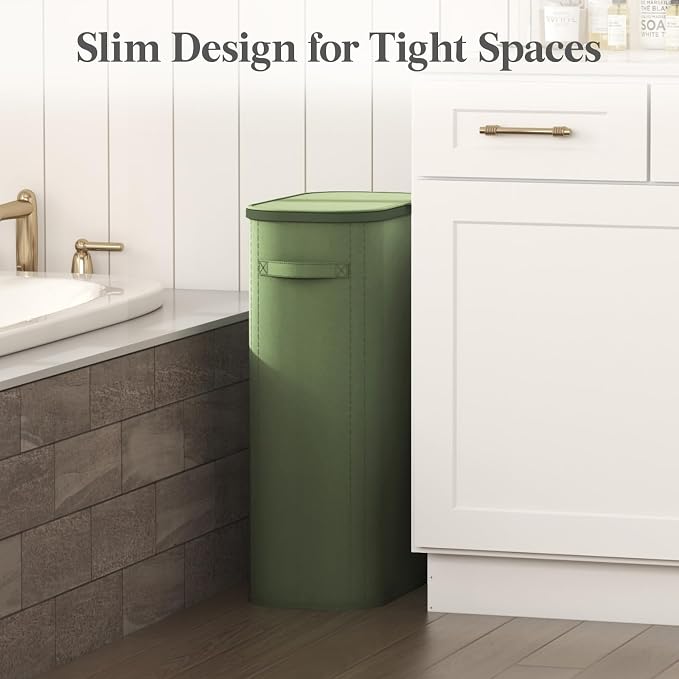 Lifewit Slim Laundry Basket with Lid, Narrow Large Laundry Hamper with Plastic Handles and Removable Bag, Tall Foldable Dirty Clothes Hampers for Laundry Room, Bedroom, Bathroom, Dorm, 65L Green