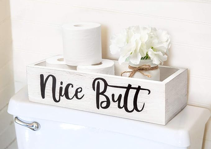 Dahey Bathroom Decor Box, Toilet Paper Holder, Farmhouse Rustic Wood Box Funny Home Decor for Bathroom Kitchen (Mason Jar and Artificial Flower Included), White
